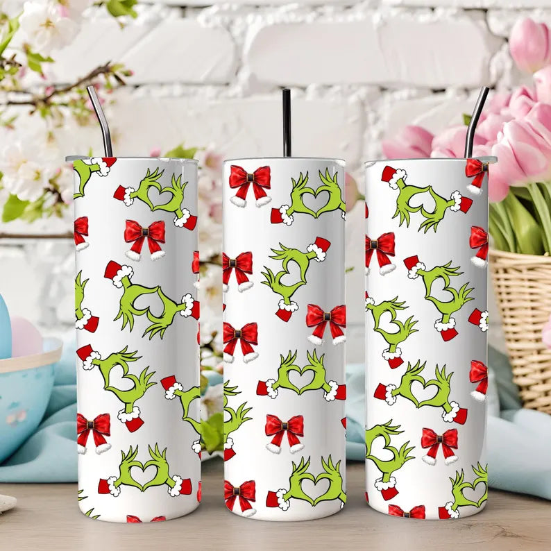 20oz Green man heart hands and Christmas bows tumbler